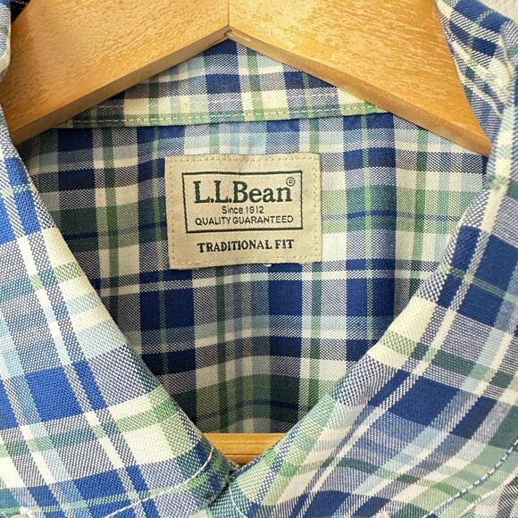 LL Bean Men's Button Shirt Traditional Fit Plaid Short Sleeve Blue Green Pocket - Picture 4 of 5